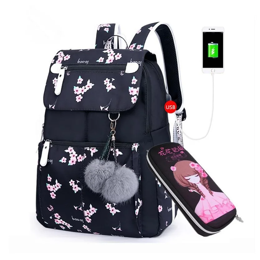 

kids black pink floral school backpack children school bags for girls student girl cute pen pencil bag set dropshipping