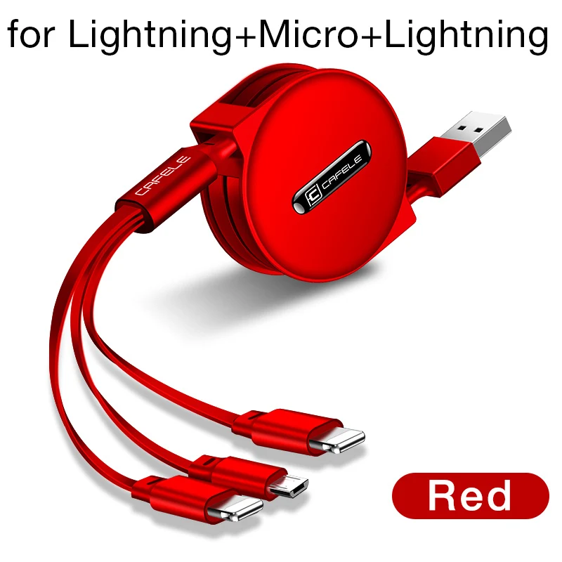 3 в 1 Выдвижной USB кабель для iPhone Micro usb type C плоский кабель Быстрая зарядка для iPhone кабель+ Micro USB+ type-C - Цвет: L-M-L-Red