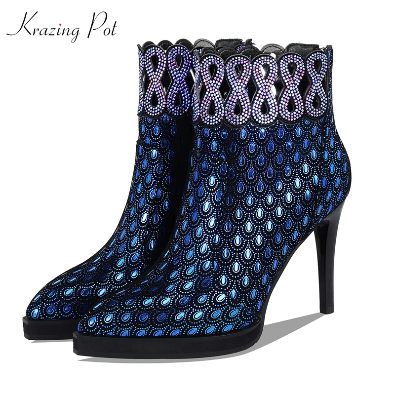 

krazing pot sheep suede pointed toe stiletto extreme high heels princess dress lady crystal bling design sexy ankle boots l23