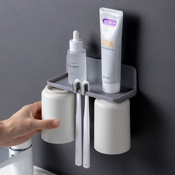 

Toothbrush Dispenser Holder With 2 Cups Wall Mount Storage Shelf Rack Bathroom Accessories Shaver Organizer Kids Brush Stand
