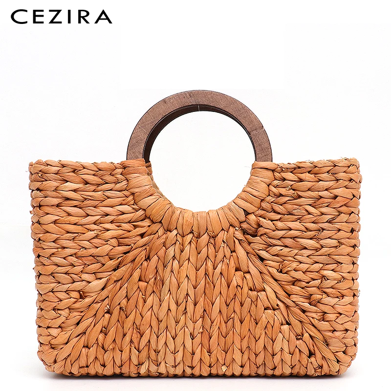 

CEZIRA Beach Straw Tote Bag For Women Bohemia Style Girls Holiday Purse Ladies Woven Handbag Femal Wood Handle Zipper Bucket Sac