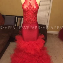 Длинная изящная русалка платье выпускного вечера es Высокая шея прозрачная бисерная аппликация африканская темнокожая девушка красное платье выпускного вечера