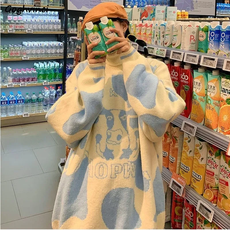 Las mujeres suéteres de invierno mujer prendas de vestir estampado de vaca de cuello alto cálida suave pijo Casual Kawaii moda coreana Ulzzang 2XL suelta Linda