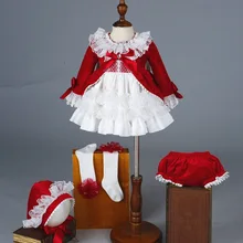 Рождественская розничная ; 4 предмета; кружевные платья с бантом для девочек; Детские Роскошные вечерние платья принцессы в стиле Лолиты; Осенняя Милая одежда для малышей