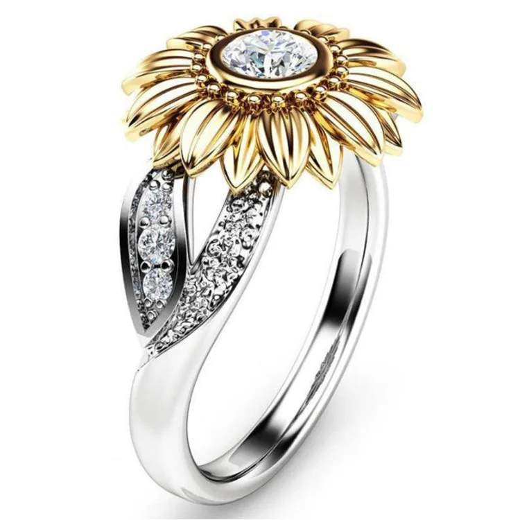 Gold White 2 шт./компл. новые CZ Камень Модные ювелирные изделия кольцо из стерлингового серебра 925 милые Подсолнух Хрустальные Обручальные кольца для женщин женское кольцо на палец - Цвет камня: Gold White