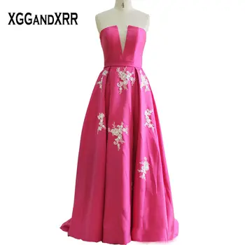 

Real Picture Fuchsia Prom Dress 2020 Strapless Lace Applique Long Formal Evening Gown Backless Lace Up Design Custom Made