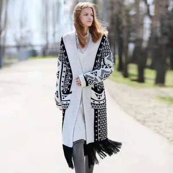 

Plus Size Long Coat Women Autumn Winter Clothes Tassel Print Fashion Long Sleeve Cardigan Open Stitch Loose Office Lady Outwear
