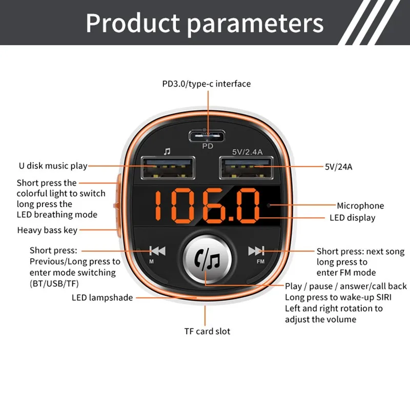Автомобильный fm-передатчик PD 3,0 Быстрая зарядка беспроводной Bluetooth стерео двойной USB U диск TF кардридер mp3-плеер аудио красочная вспышка