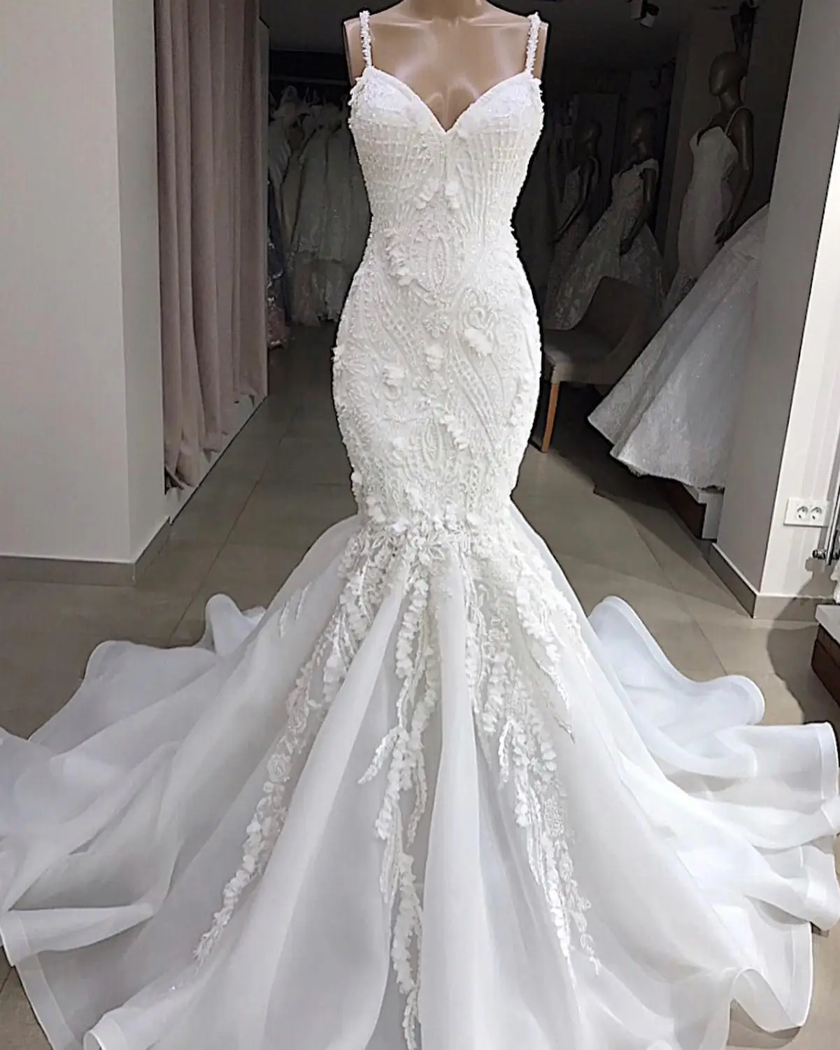 Vestido Sereia Sevy Спагетти ремень Русалка Свадебные платья Бисероплетение Кружева Аппликации открытая спина возлюбленной шеи платье свадебное