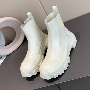 

Genuine Leather Boots Women Flat Platform Elastic Band Ankle Boots For Autumn/Winter Short Boots Brand Fashion Zapatillas Mujer