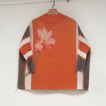 

Miyake Pleated T-Shirts Women Autumn 2020 New Printed Patchwork Half Turtleneck Three Quarter Sleeves Loose Short Tops Plus Size