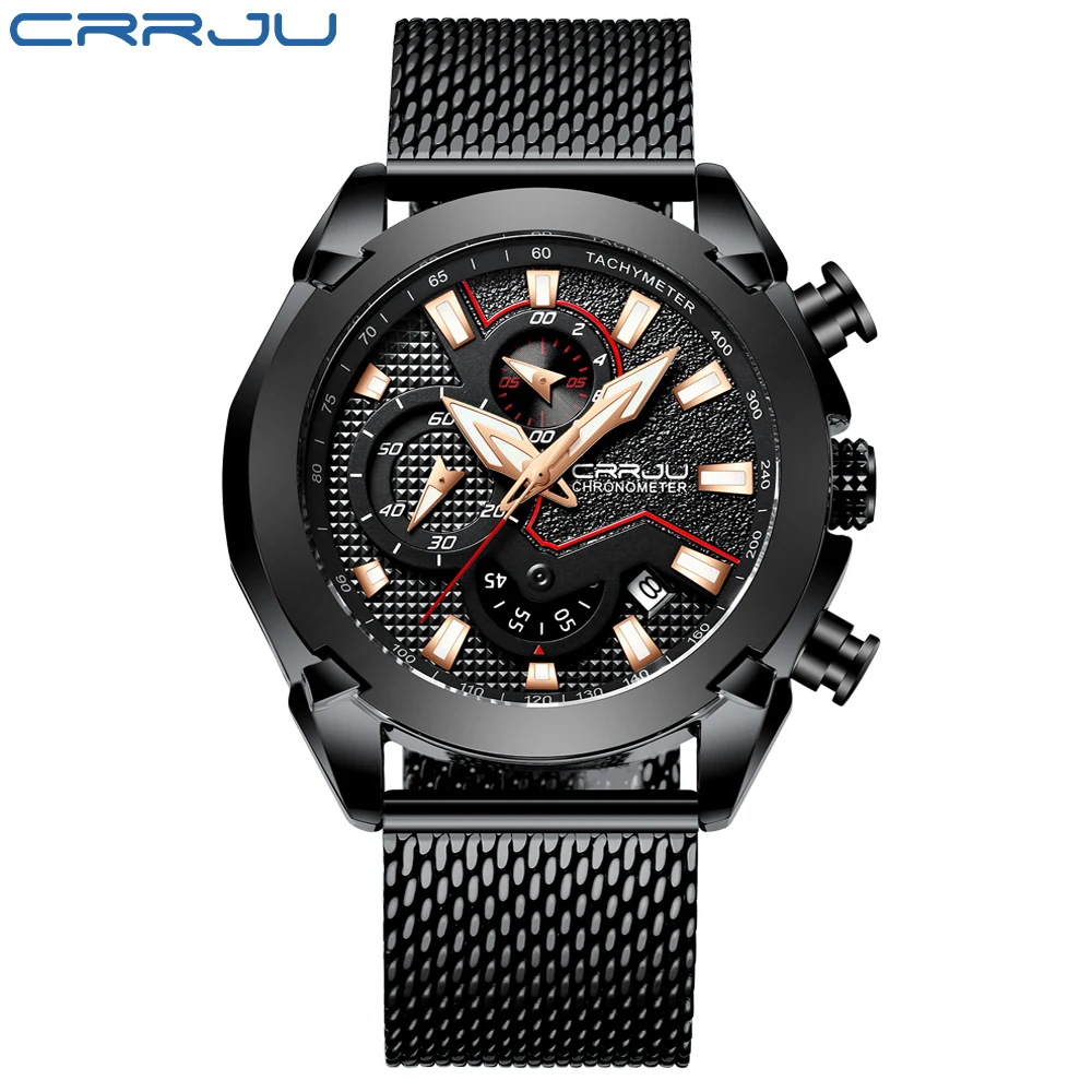 Black-Black-Rose CRRJU Мужские часы Модные Военные Наручные часы с хронографом повседневные 30 м водонепроницаемые спортивные кварцевые часы мужские s часы Relogio Masculino - Цвет: Black-Black-Rose