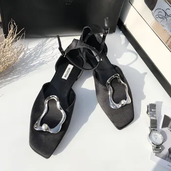 

Women's genuine leather metal buckle ankle strap flats sandals square toe female comfortable casual summer footwear shoes women