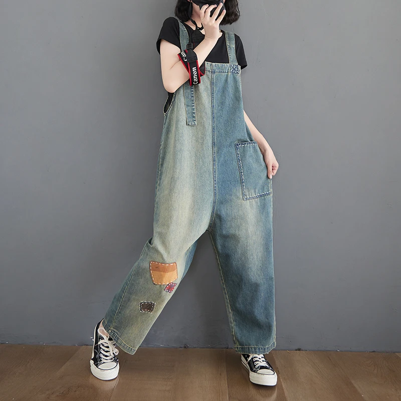 Loose Oversized Rompers Women Jumpsuit Spring Casual Straps Jeans Overalls Vintage Patch Designs Denim Bib Pants Baggy Dungarees jeans women s spring and summer 2023 versatile always net red age reducing denim straps pants loose slim