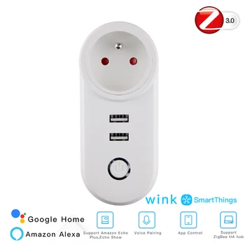 

ZigBee3.0 Dual USB Wireless Socket FR Plug SmartThings App Remote Control Echo Plus Voice Control Work with Alexa Google Home