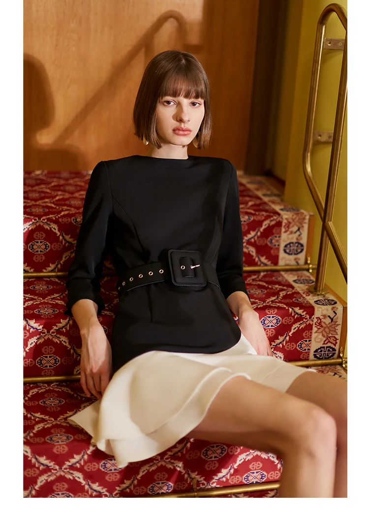 [EAM] женское Черное контрастное платье с оборками, новое платье с круглым вырезом и длинным рукавом, свободная посадка, мода, весна-осень 2019