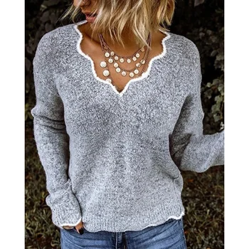 

Newly Women V-neck Knit Sweater Long Sleeve Pullover Autumn Winter Warm Sweater FIF66