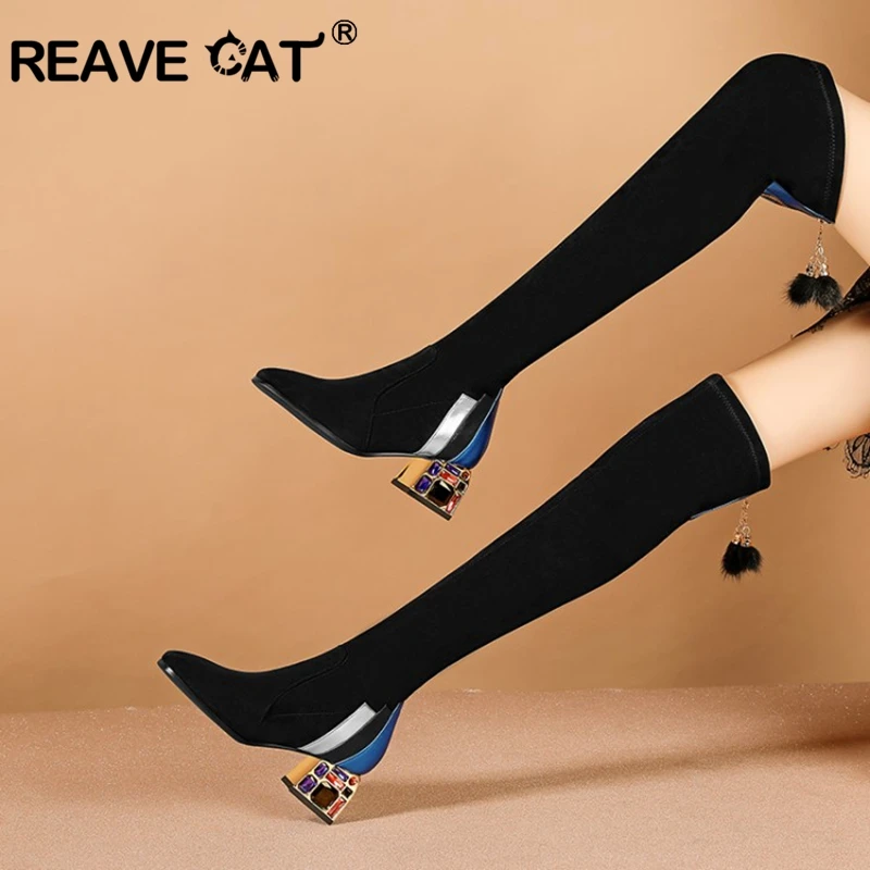 REAVE CAT Over the knee Boots for Women Block Heels colorful crystal Square Toe Zipper Leather Flock Chains Big Size 40-42