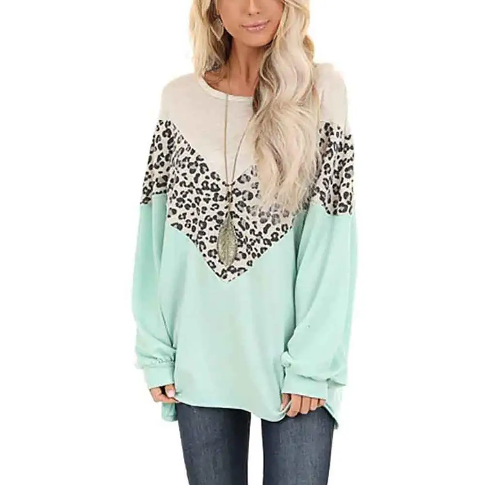 T-Shirt Top Female Spring Summer New Women's Long Sleeve Splicing Print Leopard O-neck Casual Loose Women Basic T-shirt - Цвет: A3
