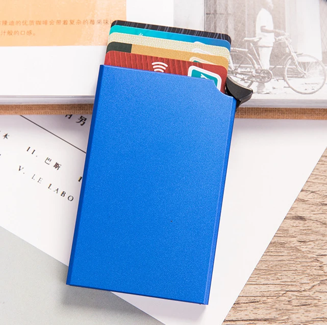 RFID Противоугонный Умный кошелек Тонкий ID держатель для карт унисекс автоматически твердый металлический держатель для банковской кредитной карты бизнес мини - Цвет: Синий