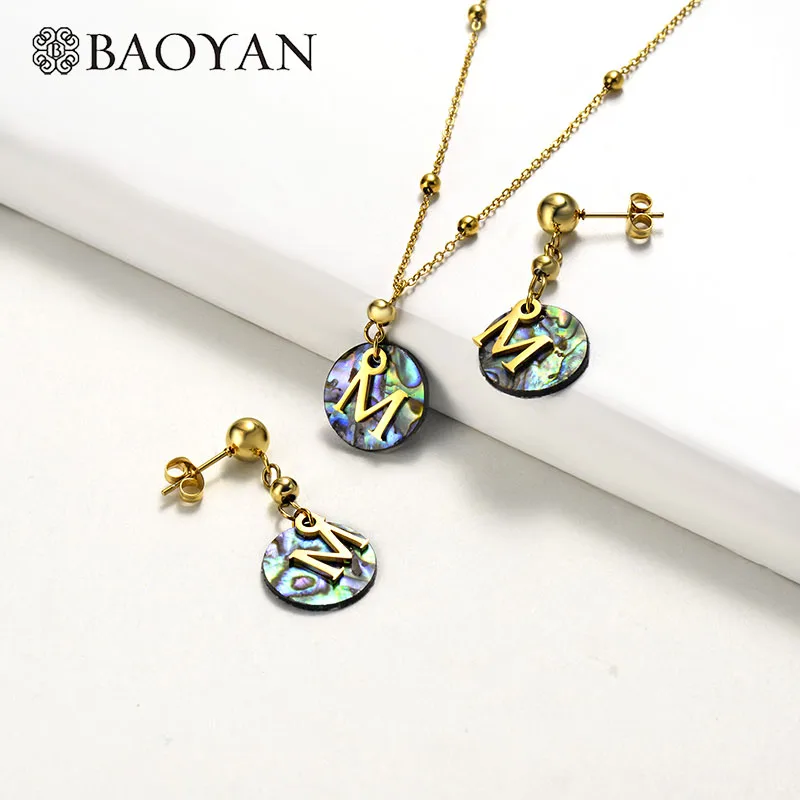 

Baoyan Fashion Women Jewelry Set Gold Plating Stainless Steel Jewelry Set Luxury Big Round Natural Abalone Jewelry Set For Women