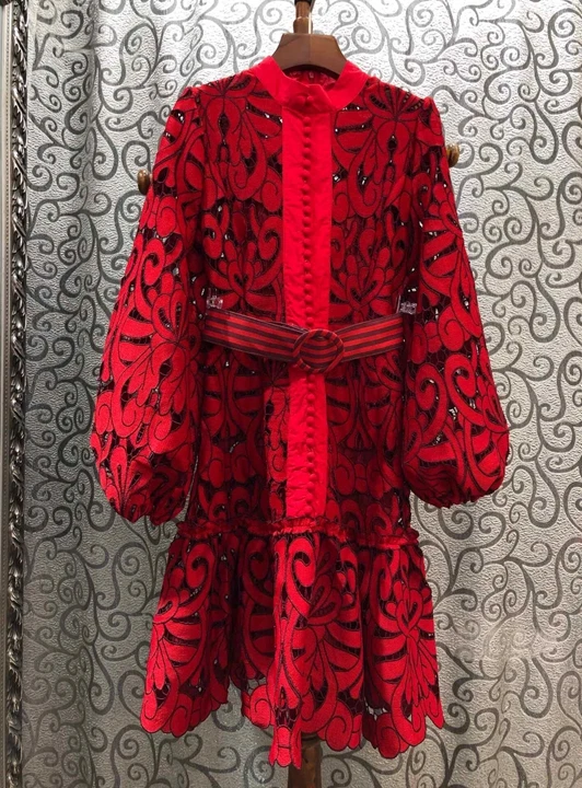 Платье с вышивкой, весна, вечерние платья, женское платье в полоску с поясом, туника с пуговицами и длинным рукавом, кружевное платье - Цвет: red