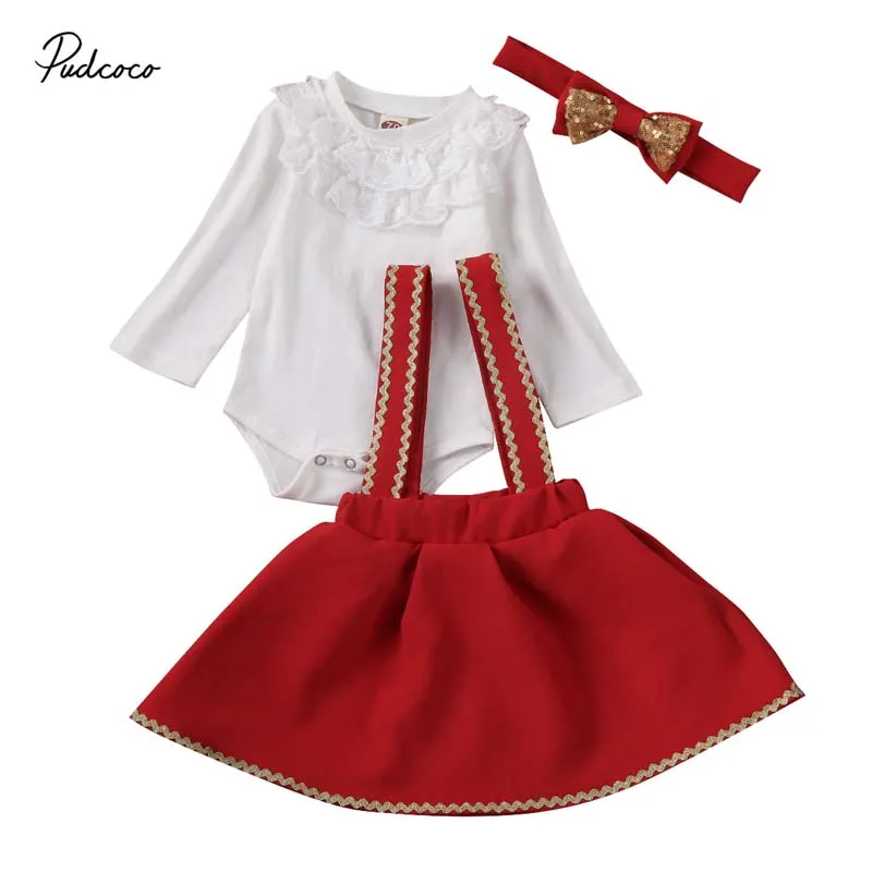 

2020 Baby Spring Autumn Clothing Christmas Infant Baby Girl Clothes Ruffle Lace Romper Tutu Strap Dress Headband 3Pcs Outfit