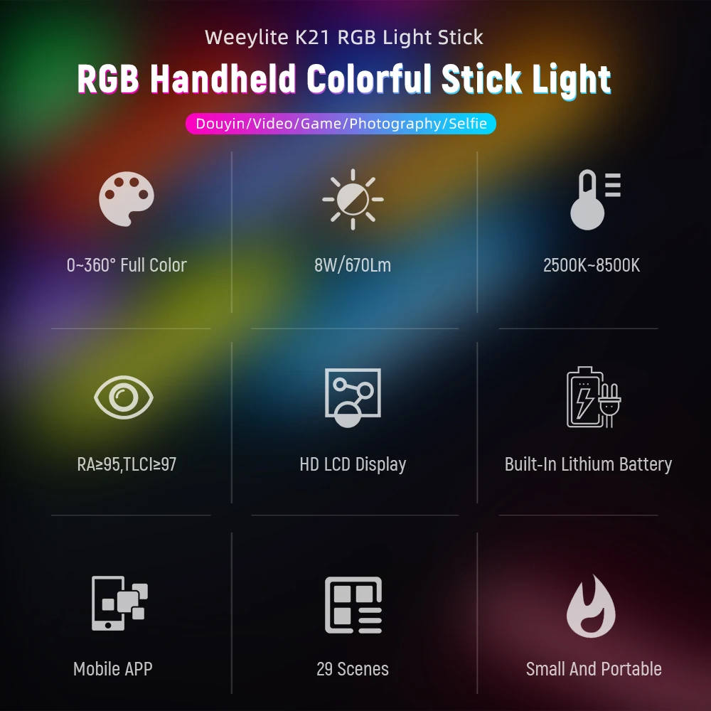 Weeylite K21 Full Color Handheld 2500K~8500K RGB LED Light Stick For T