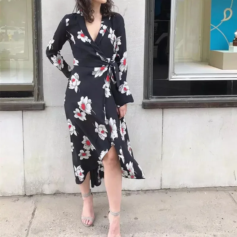 

Elegant Vintage Floral Print Wrap Maxi Dress for Women 100% Silk V-neck Long Sleeve Irregular Long Dresses