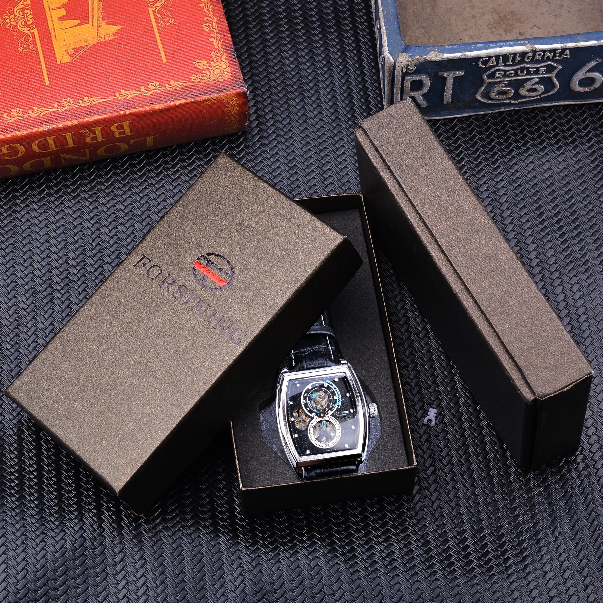 Forsining Black Dial Waterproof Automatic Mechanical Watch Skeleton Rectangle Military Watches With Bule Pointer Genuine Leather