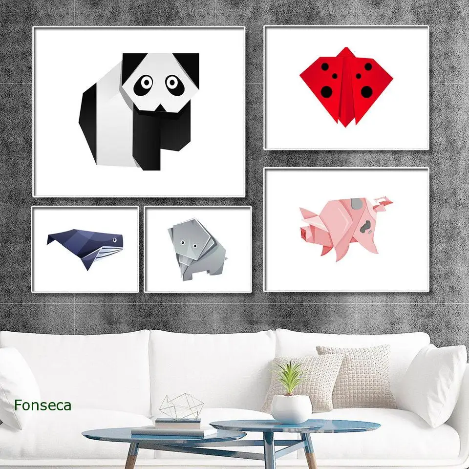 Modern Home Decoration Geometric Animals Canvas Painting Wall Art Picture Horizontal Origami Ladybug Pig Dog Fish Poster | Дом и сад