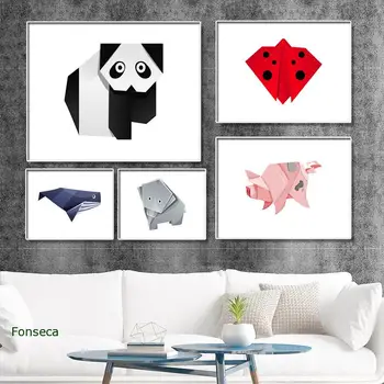 

Modern Home Decoration Geometric Animals Canvas Painting Wall Art Picture Horizontal Origami Ladybug Pig Dog Fish Poster