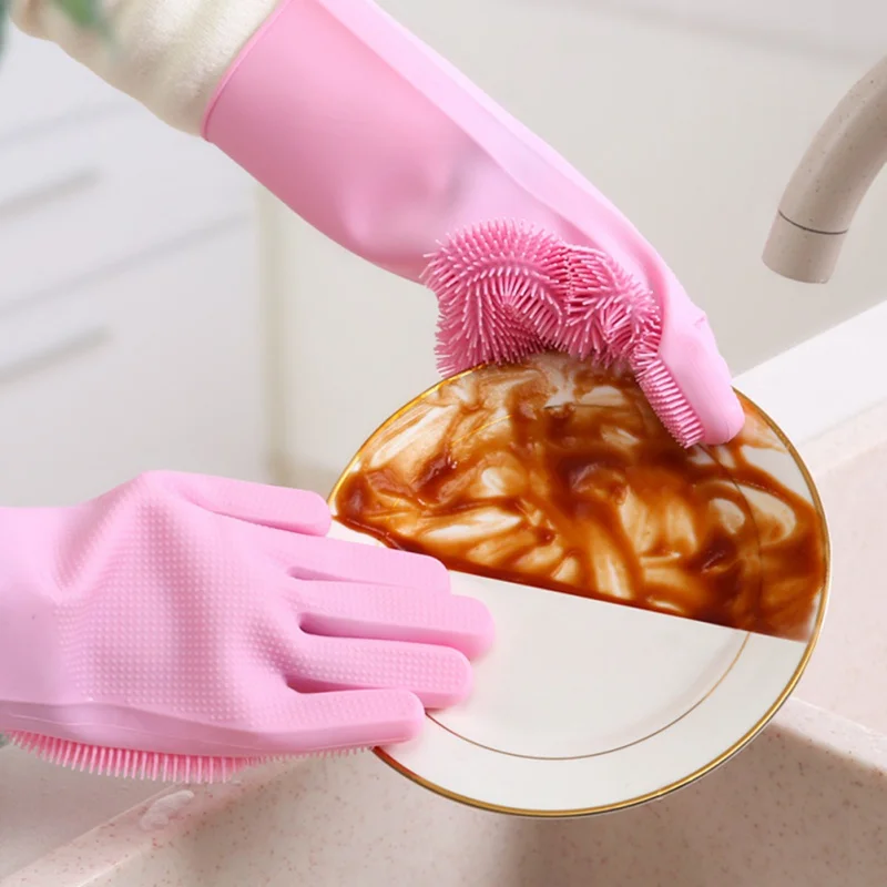 

Magic Silicone Dish Washing Scrubber Cleaning Gloves Rubber Gloves Heat Resistant Household Kitchen Silicone Gloves 1 Pair
