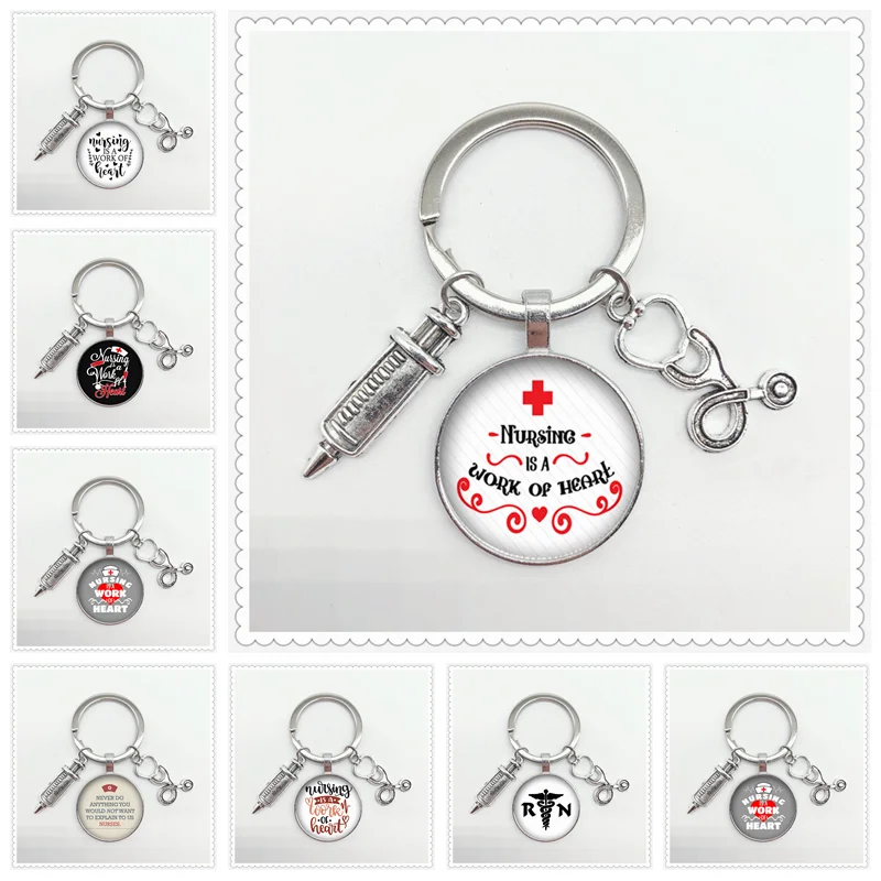 

Heart pattern nursing keychain medical stethoscope syringe glass pendant keychain nurse doctor medical student key ring gift