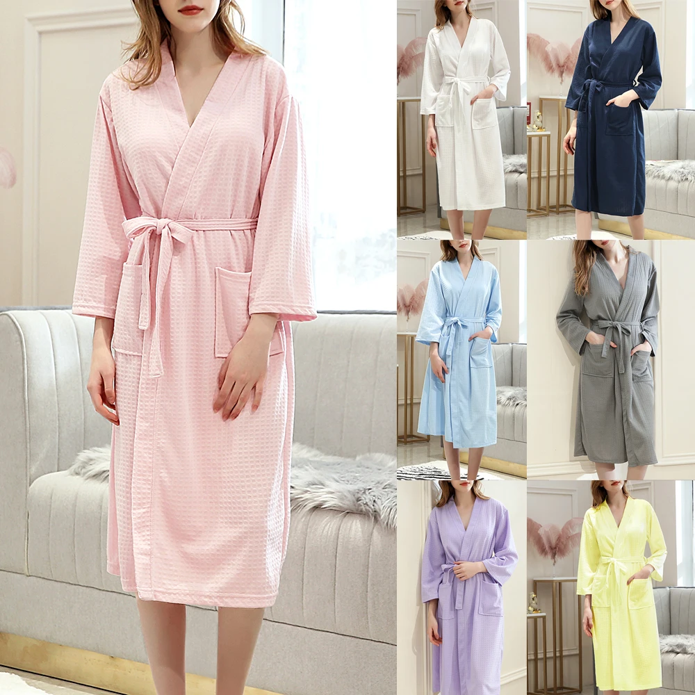 

Women Soft Absorbent Robe Sleepwear Waffler Long Kimono Bathwear Candy Colors Lady Hotel Knee Length Dressing Chemises Gown
