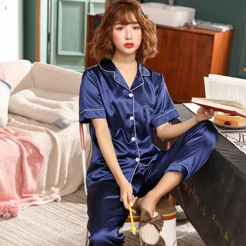 

2020 Summer Silk Satin Pajama Sets for Women Short Sleeve Pyjama Long Pants Sleepwear Lounge Homewear Pijama Mujer Two Piece Set