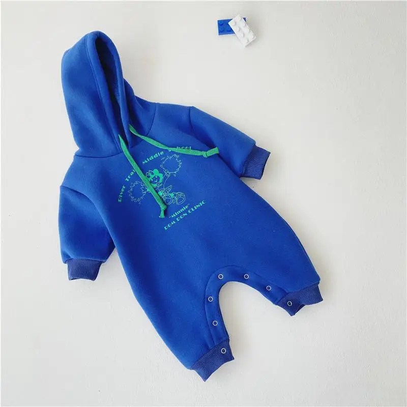 Baby Rompers Winter Warm Fleece Clothing Set For Boys Cartoon Hooded Infant Girls Clothes Newborn Overalls Baby Jumpsuit - Цвет: blue