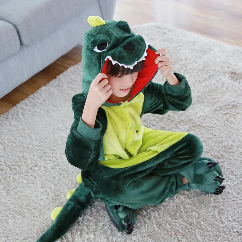 Детские пижамы kigurumi с вышивкой, милая мультяшная Пижама с единорогом для девочек, фланелевая теплая Пижама с человеком-пауком для мальчиков - Цвет: green-dinosaur
