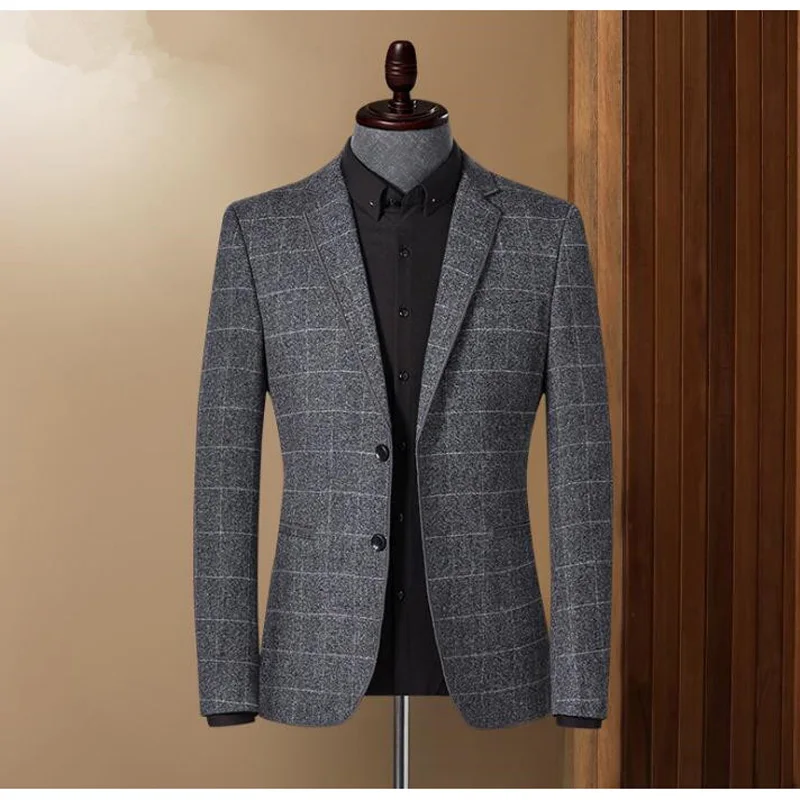 Chaqueta a rayas para hombre, Blazer juvenil, Chaqueta traje de rejilla, Blazer ajustado, abrigo informal de negocios - AliExpress