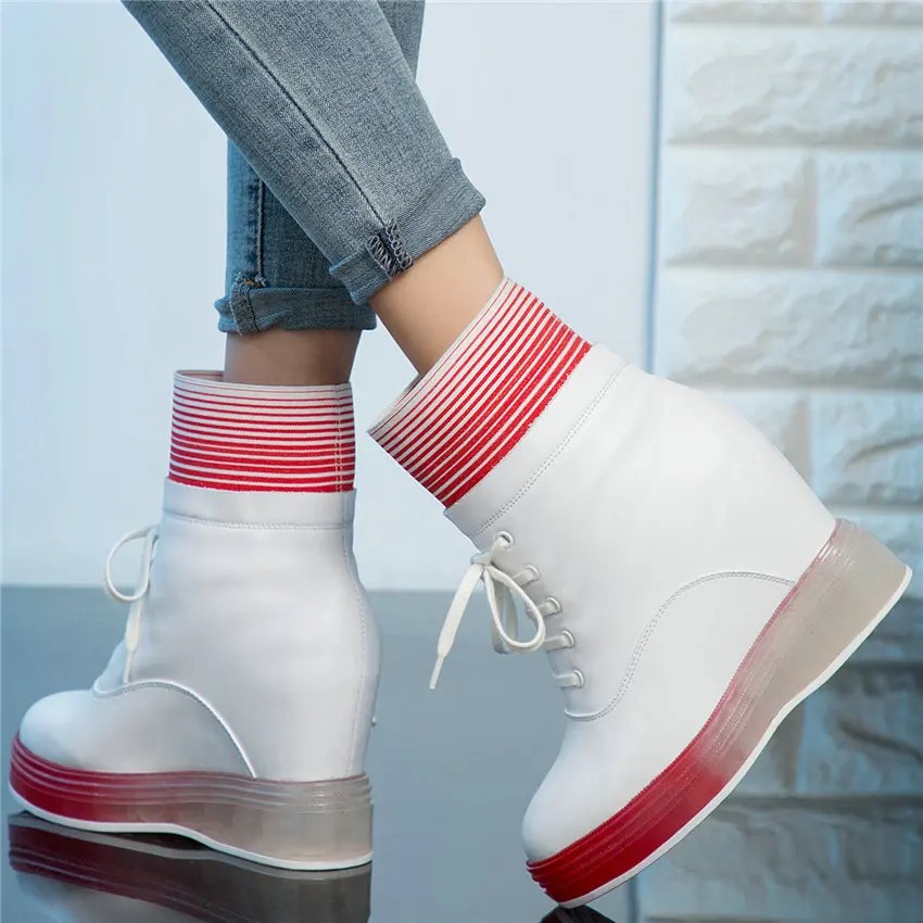 Tennis Shoes Women Lace Up Cow Leather Wedges High Heel Punk Party Pumps High Top Platform Trainers Casual Shoes Winter Oxfords