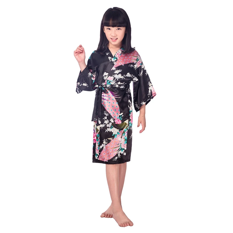 11 видов цветов, традиционное японское кимоно юката для девочек, костюмы, детские От 1 до 14 лет, летние тонкие пижамы из полиэстера для дома, рост 70-160 см - Цвет: Black