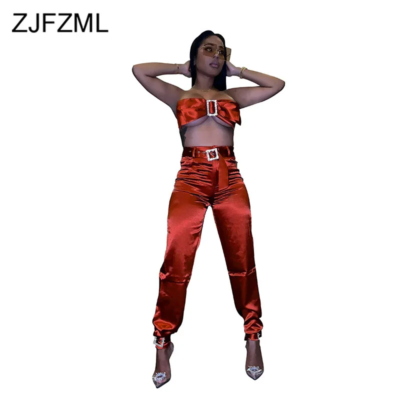 

Satin Suit 2 Piece Outfits For Women Bow Tie Spaghetti Strap Bra Top And Sashes Long Pants Sweatsuit Autumn Winter Matching Set