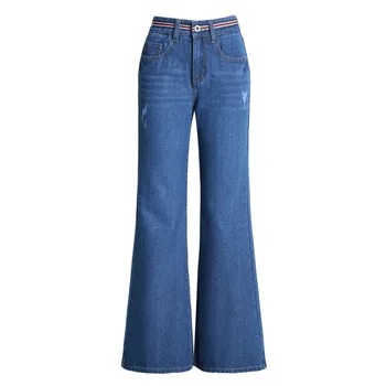 

Women's Full Length Jeans Middle Waist Flared Denim Pants Big Yards Boot-cut Stretch Wide Leg Blue Jeans S To 5XL