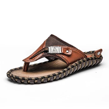 

2020 New Men's Flip Flops Summer Beach Sandals Casual Genuine Leather Men Flats Slip-on Slipper Big Size 38-48 Breathable Shoes