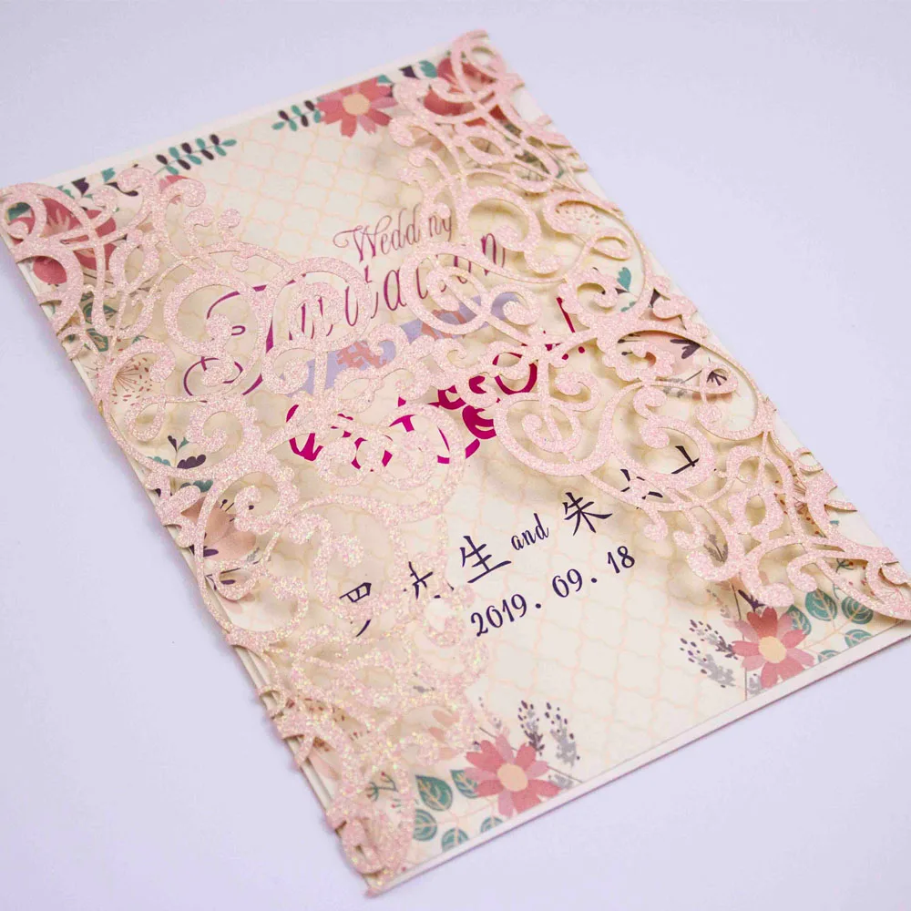10 шт. розовое золото бордовый винтажные свадебные пригласительные открытки конверт с лазерной резкой Пригласительные открытки - Цвет: pink glitter