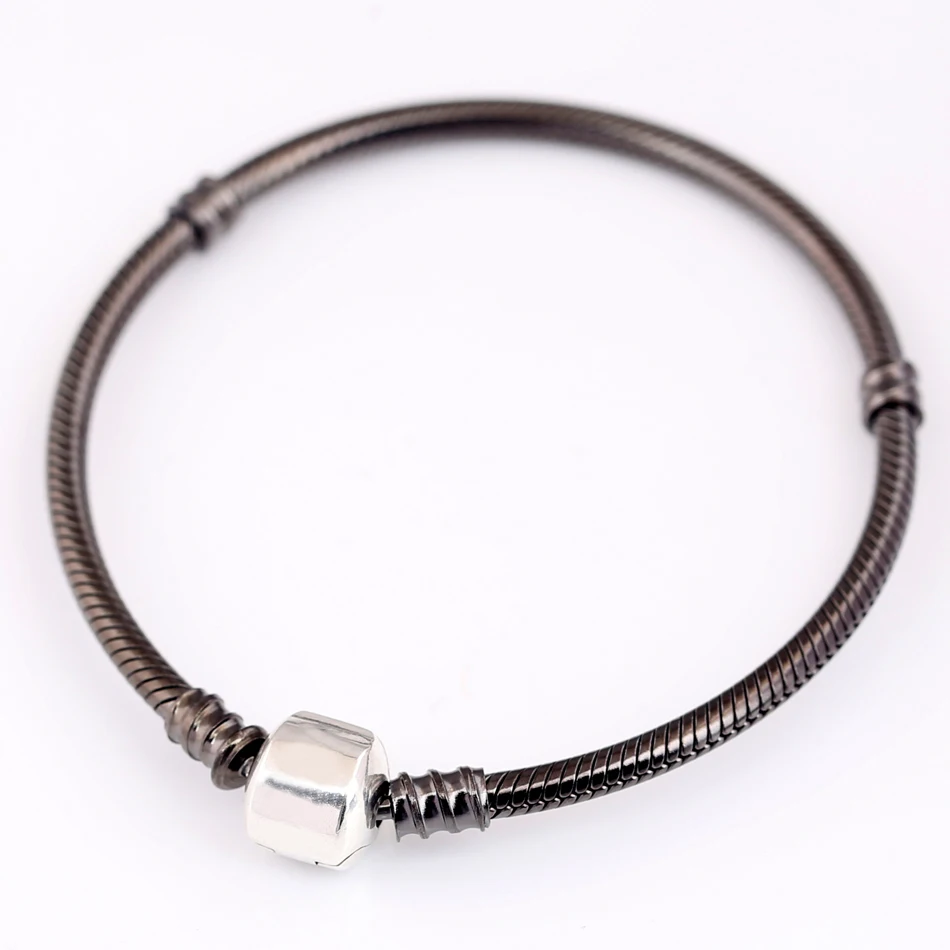 Original Oxidised Snake Chain Lobster Barrel Clasp Bracelet Bangle Fit 925 Sterling Silver Bead Charm DIY Europe Jewelry