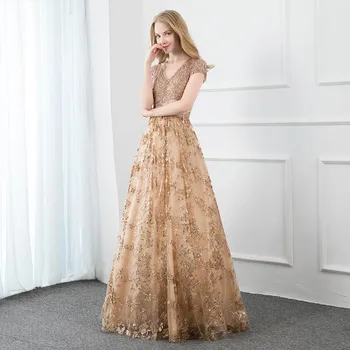 

2020 YQLNNE Gold Bling Long Prom Dresses Cap Sleeve V Neck Sequined Beaded Formal Party Dress Vestido De Festa Robe De Soiree