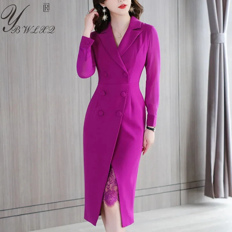 Elegant Women Striped Suit Dress Double-breasted V-neck A-line Midi Office