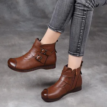 

Women Genuine Leather Ankle Boots Round Toe belt buckle Boots Handmade Lady soft Flat shoes comfortable Casual Moccasins