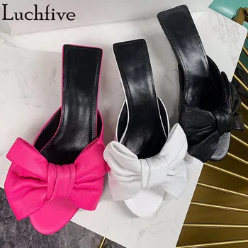 

Sweet Bowknot Women Slippers Sexy Peep Toe Summer Slides Runway Ladies Shoes White Flat Shoes Women